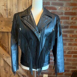 Vintage Reed Sportswear Black Leather Fringe Western Jacket Size M